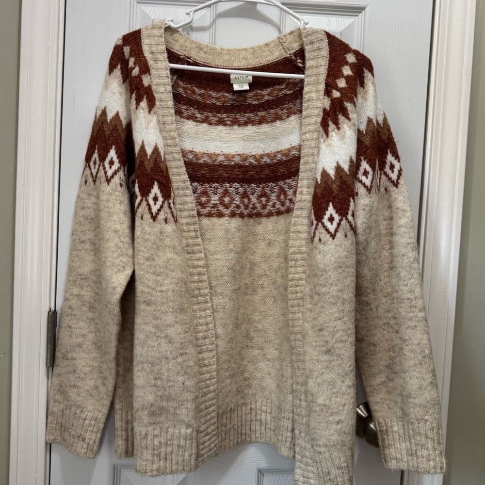 Cream and Brown Cardigan with Geometric Pattern